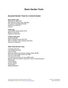 Basic Garden Tools Essential Garden Tools for a School Garden Basic garden tools Wheel barrow ($80-$130) 50ft-100ft kink resistant hose ($35-$60) Fan sprayer hose attachment ($3)