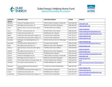 Duke Energy’s Helping Home Fund SERVICE PROVIDERS-BY COUNTY COUNTIES SERVED