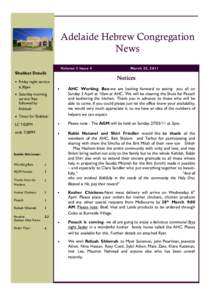 Adelaide Hebrew Congregation News Volume 3 Issue 4 Shabbat Details Friday night service