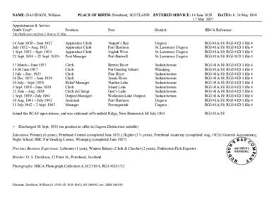 NAME: DAVIDSON, William Appointments & Service Outfit Year*: PLACE OF BIRTH: Peterhead, SCOTLAND
