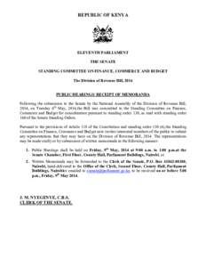 REPUBLIC OF KENYA  ELEVENTH PARLIAMENT THE SENATE STANDING COMMITTEE ON FINANCE, COMMERCE AND BUDGET The Division of Revenue Bill, 2014