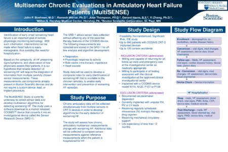 Multisensor Chronic Evaluations in Ambulatory Heart Failure Patients (MultiSENSE) John P. Boehmer, M.D.1, Ramesh Wariar, Ph.D.2, Julie Thompson, Ph.D.2, Gerard Herro, B.S.2, Yi Zhang, Ph.D.2, 1Milton S. Hershey Medical C