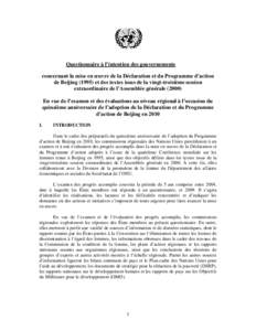 Questionnaire à l’intention des gouvernements concernant la mise en œuvre de la Déclaration et du Programme d’action de Beijing[removed]et des textes issus de la vingt-troisième session extraordinaire de l’Assem