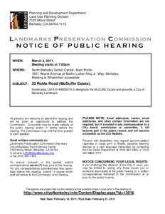 Planning and Development Department Land Use Planning Division 2120 Milvia Street Berkeley, CA[removed]Landmarks Preservation Commission