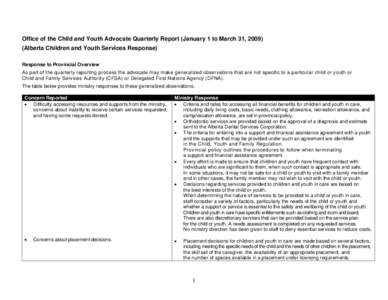 Office of the Child and Youth Advocate Quarterly Report (January 1 to March 31, [removed]Alberta Children and Youth Services Response) Response to Provincial Overview As part of the quarterly reporting process the advocate