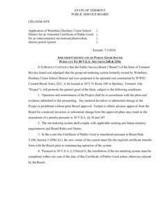 CPG #NM[removed]Amended Certificate of Public Good STATE OF VERMONT PUBLIC SERVICE BOARD CPG #NM-3078 Application of Waterbury Duxbury Union School District for an Amended Certificate of Public Good