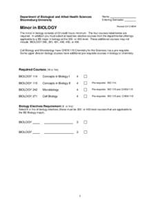 Department of Biological and Allied Health Sciences Bloomsburg University Name Entering Semester Revised[removed]MDW