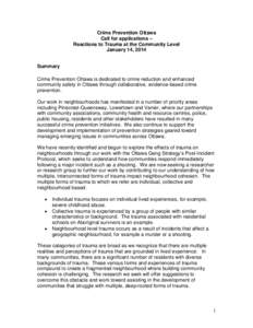 Crime Prevention Ottawa Call for applications – Reactions to Trauma at the Community Level January 14, 2014 Summary Crime Prevention Ottawa is dedicated to crime reduction and enhanced