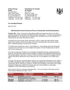 News Release: OEB Sets New Summer Electricity Prices for Households and Small Businesses (April 20, 2015)