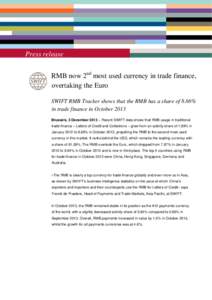 Press release Press release RMB now 2nd most used currency in trade finance, overtaking the Euro