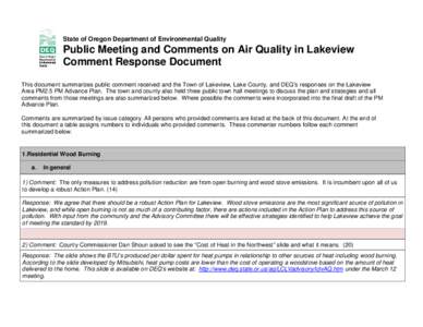 State of Oregon Department of Environmental Quality  Public Meeting and Comments on Air Quality in Lakeview Comment Response Document This document summarizes public comment received and the Town of Lakeview, Lake County