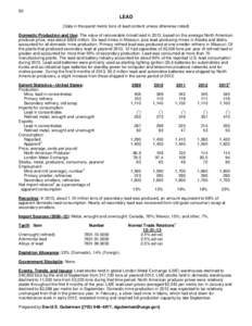 90  LEAD (Data in thousand metric tons of lead content unless otherwise noted) Domestic Production and Use: The value of recoverable mined lead in 2013, based on the average North American producer price, was about $829 