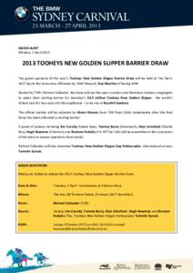 MEDIA ALERT Monday, 1 AprilTOOHEYS NEW GOLDEN SLIPPER BARRIER DRAW The grand spectacle of this year’s Tooheys New Golden Slipper Barrier Draw will be held at The Star’s 24/7 Sports Bar tomorrow officiated 