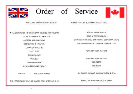 Order of Service WELCOME AND INTRODUCTION BY   CHRIS VOWLES (CANADIAN ROOTS UK)  