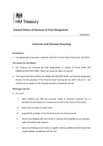 General Notice of Renewal of Final Designation[removed]Terrorism and Terrorist Financing  Introduction