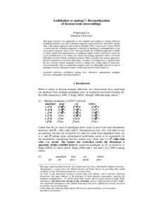 Assibilation or analogy?: Reconsideration of Korean noun stem-endings* Ponghyung Lee (Daejeon University) This paper discusses two approaches to the nominal stem-endings in Korean inflection including loanwords: one is t