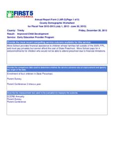 Annual Report Form 2 (AR-2)(Page 1 of 5) County Demographic Worksheet for Fiscal Year[removed]July 1, [removed]June 30, 2013) County: Trinity Result: Improved Child Development Service: Early Education Provider Program