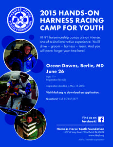 2015 Hands-on Harness Racing Camp for youth HHYF horsemanship camps are an intense, one-of-a-kind interactive experience. You’ll drive – groom – harness – learn. And you