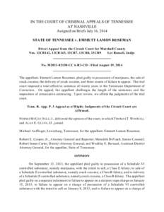 IN THE COURT OF CRIMINAL APPEALS OF TENNESSEE AT NASHVILLE Assigned on Briefs July 16, 2014 STATE OF TENNESSEE v. EMMETT LAMON ROSEMAN Direct Appeal from the Circuit Court for Marshall County Nos. 12CR142, 12CR143, 13CR7