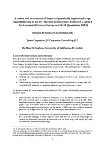 A review and assessment of ‘Impact of genetically engineered crops on pesticide use in the US – the first sixteen years: Benbrook C (2012)’ –Environmental Sciences Europe vol 24: 24 (September[removed]Graham Brooke