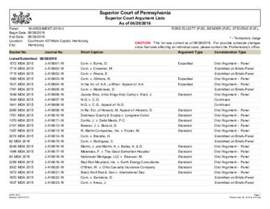 Superior Court of Pennsylvania Superior Court Argument Lists As ofPanel: Begin Date: End Date: