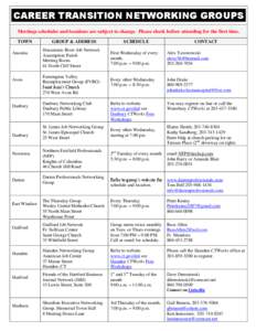 CAREER TRANSITION NETWORKING GROUPS Meetings schedules and locations are subject to change. Please check before attending for the first time. TOWN Ansonia  Avon