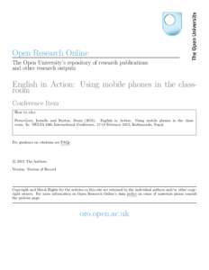 Open Research Online The Open University’s repository of research publications and other research outputs English in Action: Using mobile phones in the classroom Conference Item