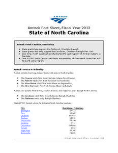 Amtrak Fact Sheet, Fiscal Year[removed]State of North Carolina
