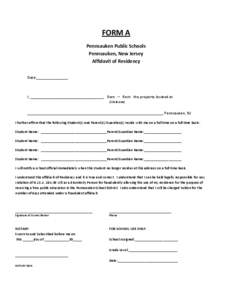 FORM A Pennsauken Public Schools Pennsauken, New Jersey Affidavit of Residency Date:_______________