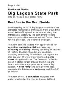 Page 1 of 6 Northwest Florida Big Lagoon State Park One of Florida’s Best Water Parks