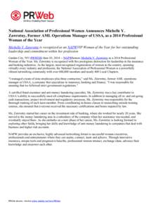 National Association of Professional Women Announces Michelle Y. Zawrotny, Former AML Operations Manager of USSA, as a 2014 Professional Woman of the Year Michelle Y. Zawrotny is recognized as an NAPWVIP Woman of the Yea