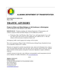 a ne Cls ALABAMA DEPARTMENT OF TRANSPORTATION FOR IMMEDIATE RELEASE May 2, 2016