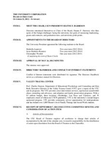 THE UNIVERSITY CORPORATION BOARD OF DIRECTORS OCTOBER 12, [removed]SUMMARY ITEM I.