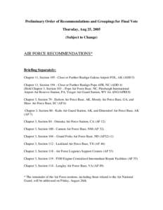 Preliminary Order of Recommendations and Groupings for Final Vote Thursday, Aug 25, 2005 (Subject to Change) AIR FORCE RECOMMENDATIONS*