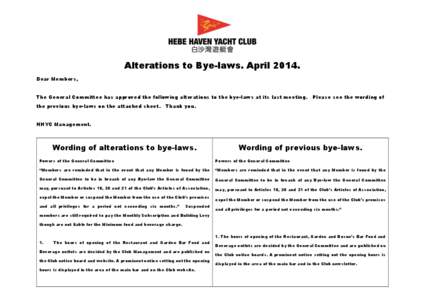 Alterations to Bye-laws. April[removed]Dear Members, The General Committee has approved the following alterations to the bye-laws at its last meeting. the previous bye-laws on the attached sheet.  Please see the wording of