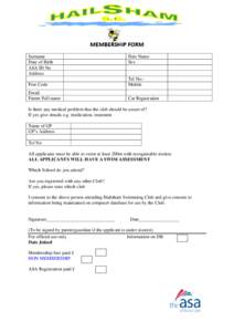 MEMBERSHIP FORM Surname Date of Birth ASA ID No Address