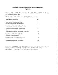 SUMMARY REPORT* OF INVESTIGATIVE COMMITTEE A May 9, 2014 Theodore B. Berndt, M.D., Chair; Valerie J. Clark, BSN, RHU, LUTCF, Public Member; and Michael J. Fischer, M.D. The Committee, in its review, conducted the followi