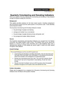 Quarterly Volunteering and Donating Indicators This is an update of the key indicators of volunteering and donating in New Zealand through the quarter ending 30 June[removed]Background This update provides statistics for t