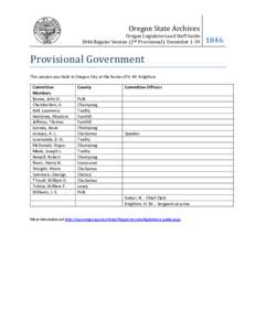Oregon Legislators and Staff Guide 1846 Regular Session (2nd Provisional): December 1-19
