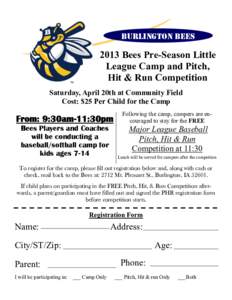 Burlington BeesBees Pre-Season Little League Camp and Pitch, Hit & Run Competition Saturday, April 20th at Community Field