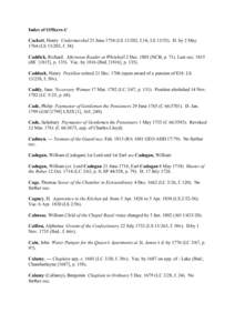 Index of Officers-C Cackett, Henry Undermarshal 21 JuneLS, f.14; LSD. by 2 MayLS, fCaddick, Richard. Afternoon Reader at Whitehall 2 DecNCB, pLast occRK 