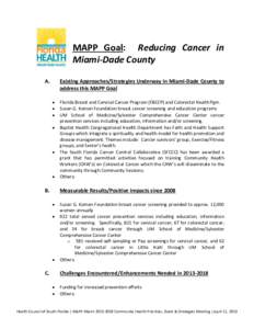 MAPP Goal: Reducing Cancer in Miami-Dade County A. Existing Approaches/Strategies Underway in Miami-Dade County to address this MAPP Goal