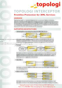 TOPOLOGI INTERCEPTOR Frontline Protection for XML Services OVERVIEW Topologi Interceptor is a web-based application for non-intrusive validation and pattern detection in distributed XML Applications. Configured through a