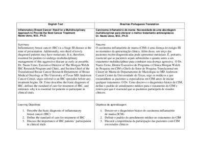 English Text  Brazilian Portuguese Translation Inflammatory Breast Cancer: Need for a Multidisciplinary Approach to Provide the Best Cancer Treatment