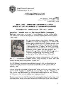 NEW ENGLAND HISTORIC GENEALOGICAL SOCIETY FOR IMMEDIATE RELEASE