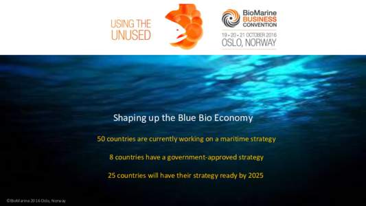 Shaping up the Blue Bio Economy 50 countries are currently working on a maritime strategy 8 countries have a government-approved strategy 25 countries will have their strategy ready by 2025 ©BioMarine 2016 Oslo, Norway