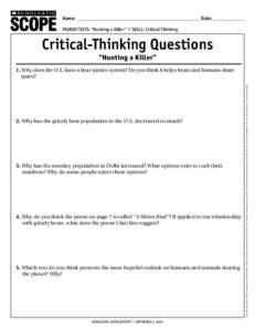 Name: ________________________________________________________ Date: ______________ ® THE LANGUAGE ARTS MAGAZINE  Paired texts: “Hunting a Killer” • Skill: Critical Thinking