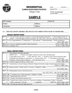 Residential Plumbing Division Inspection Report Sample[removed]