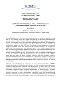 SEMINAIRE DE LA BRANCHE MATERIAUX ET STRUCTURES Mercredi 5 Mars 2014 à 14:00 Salle Contensou - Châtillon  EXPERIMENTAL AND COMPUTATIONAL MICROMECHANICS: