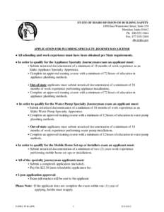 __________________________________________________________________________________________ STATE OF IDAHO DIVISION OF BUILDING SAFETY 1090 East Watertower Street, Suite 150 Meridian, Idaho[removed]Ph: [removed]Fax: 877